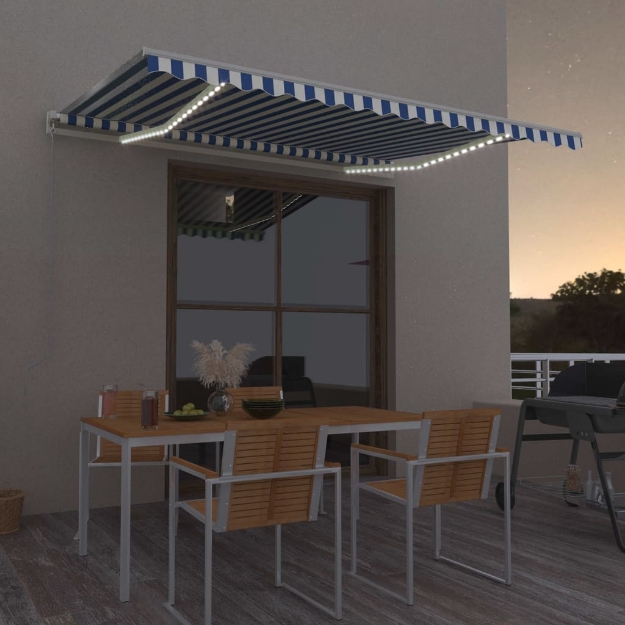 Tenda da Sole Retrattile Manuale con LED 400x350 cm Blu Bianco