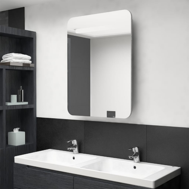 Armadietto Bagno con Specchio e LED Grigio Cemento 60x11x80 cm