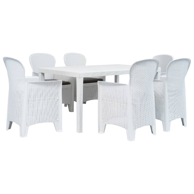 Set Pranzo da Giardino 7 pz in Plastica Stile Rattan Bianco