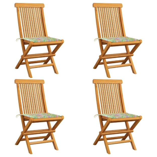 Sedie da Giardino con Cuscini a Foglie 4 pz Massello di Teak
