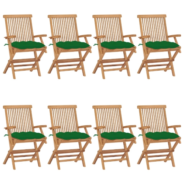 Sedie da Giardino con Cuscini Verdi 8 pz in Massello di Teak