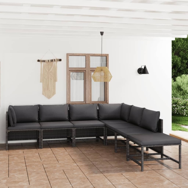 Set Divani da Giardino 7 pz con Cuscini in Polyrattan Grigio