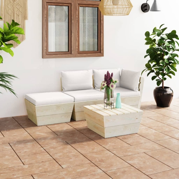 Set Divani da Giardino su Pallet 4 pz con Cuscini Legno Abete