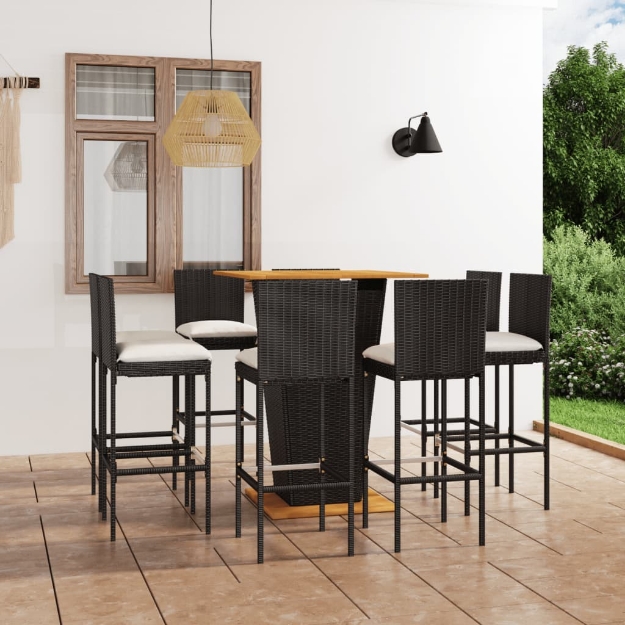 Set da Bar da Giardino 9 pz con Cuscini in Polyrattan Nero