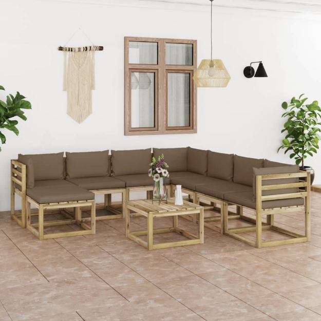 Set Divani da Giardino 9pz con Cuscini Legno di Pino Impregnato