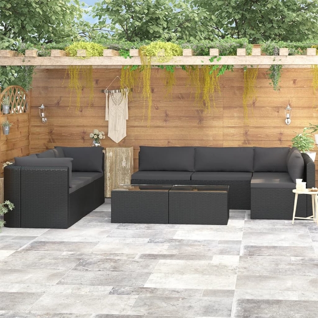 Set Divani da Giardino 9 pz con Cuscini in Polyrattan Nero