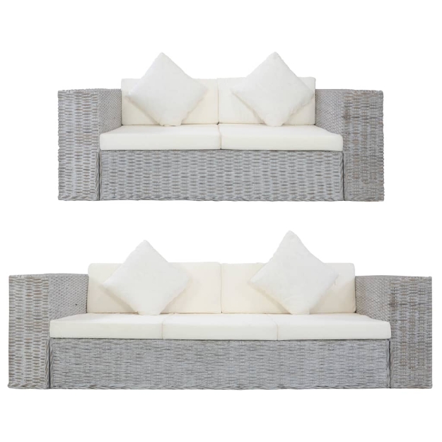 Set di Divani 2 pz con Cuscini Grigio in Rattan Naturale