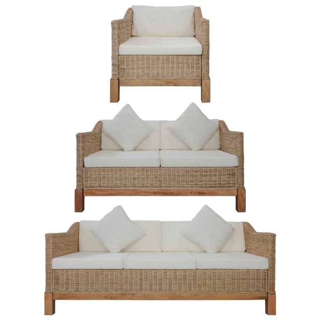 Set di Divani 3 pz con Cuscini in Rattan Naturale