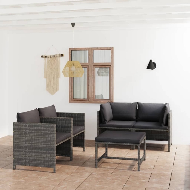 Set Divani da Giardino 5 pz con Cuscini in Polyrattan Grigio