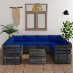 Set Divani da Giardino su Pallet 9 pz con Cuscini Massello Pino