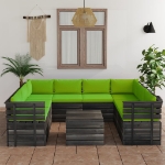 Set Divani da Giardino su Pallet 9 pz con Cuscini Massello Pino