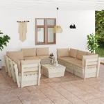 Set Divani da Giardino su Pallet 9 pz con Cuscini Legno Abete