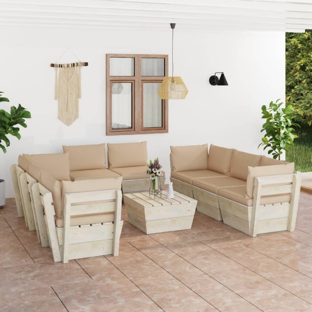 Set Divani da Giardino su Pallet 9 pz con Cuscini Legno Abete