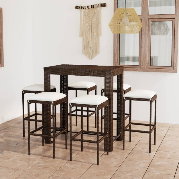 Set da Bar da Giardino 7 pz con Cuscini in Polyrattan Marrone