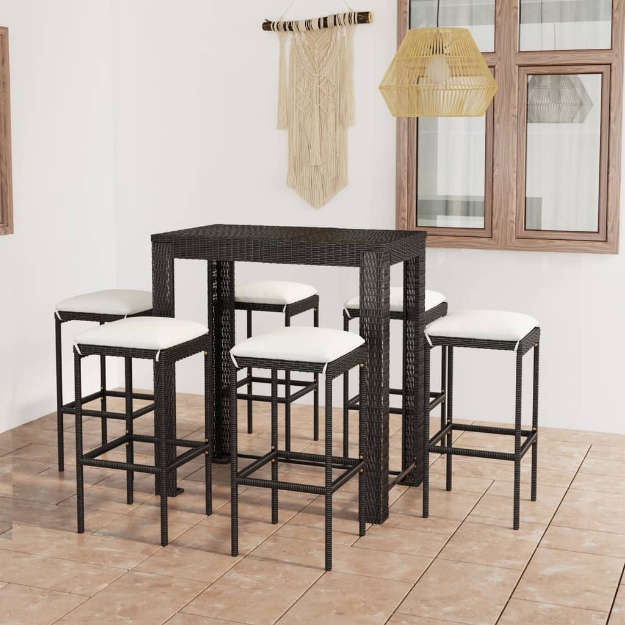 Set Bar da Giardino 7 pz con Cuscini in Polyrattan Nero