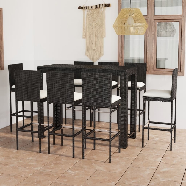 Set Bar da Giardino 9 pz con Cuscini in Polyrattan Crema