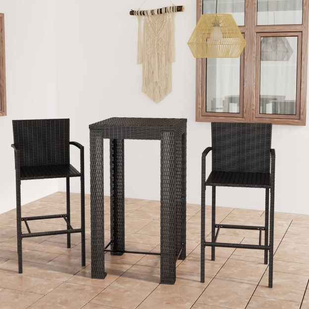 Set Bar da Giardino 3 pz con Braccioli in Polyrattan Nero