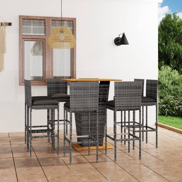 Set da Bar per Giardino 9 pz con Cuscini in Polyrattan Grigio