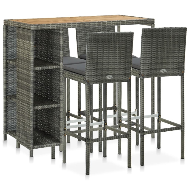 Set da Bar da Giardino 5 pz con Cuscini in Polyrattan Grigio