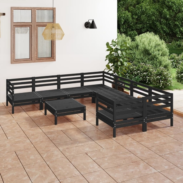 Set Divani da Giardino 9 pz Nero in Legno Massello di Pino