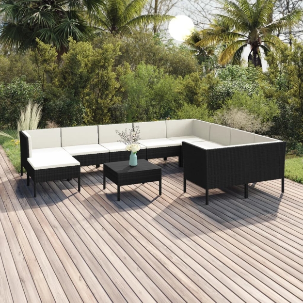 Set Divani da Giardino 11 pz con Cuscini in Polyrattan Nero