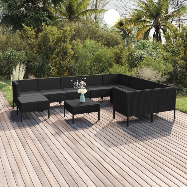 Set Divani da Giardino 11 pz con Cuscini in Polyrattan Nero