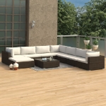 Set Divani da Giardino 9 pz con Cuscini in Polyrattan Marrone