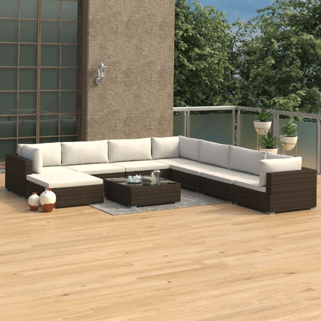 Set Divani da Giardino 9 pz con Cuscini in Polyrattan Marrone