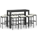 Set da Bar da Giardino 9 pz con Cuscini in Polyrattan Nero