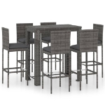 Set Bar da Giardino 7 pz con Cuscini in Polyrattan Grigio