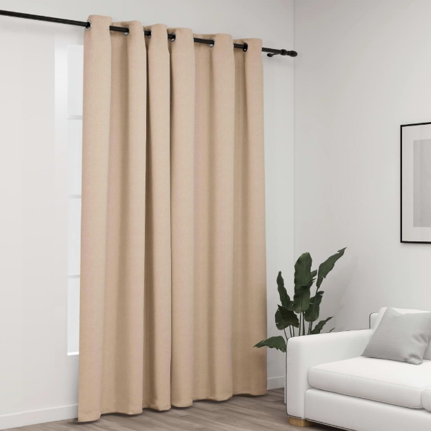 Tenda Oscurante Effetto Lino con Occhielli Beige 290x245cm