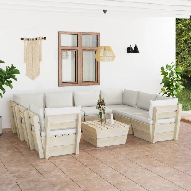 Set Divani da Giardino su Pallet 9 pz con Cuscini Legno Abete