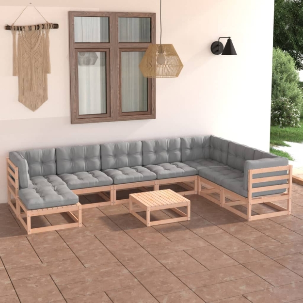 Set Divani da Giardino 9 pz con Cuscini Legno Massello di Pino