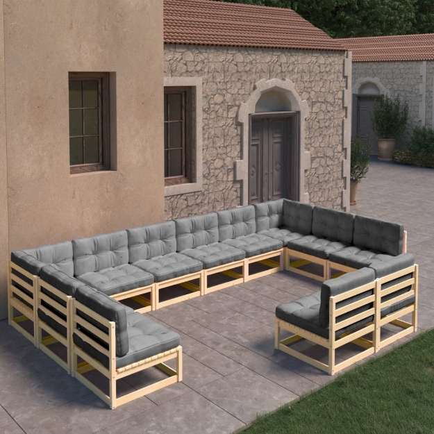 Set Divani da Giardino 12 pz con Cuscini Legno Massello di Pino