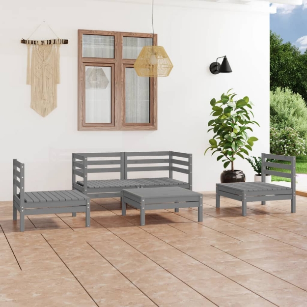 Set Divani da Giardino 5 pz Grigio in Legno Massello di Pino