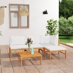 Set Divani Giardino 5pz Cuscini Crema in Legno Massello di Teak