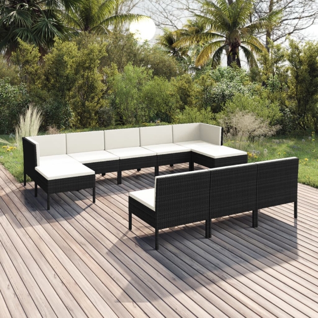 Set Divani da Giardino 10 pz con Cuscini in Polyrattan Nero