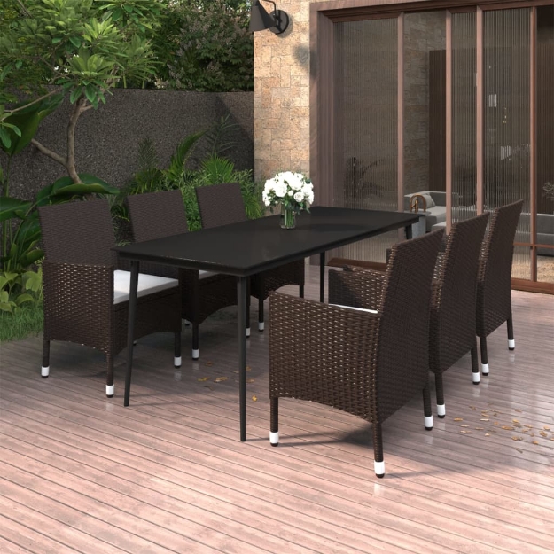 Set da Pranzo per Giardino 7 pz con Cuscini Polyrattan e Vetro