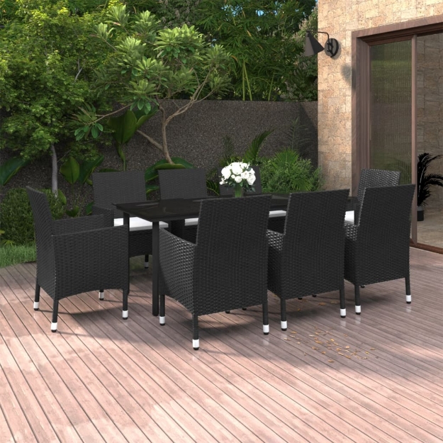 Set da Pranzo per Giardino 9 pz con Cuscini Polyrattan e Vetro