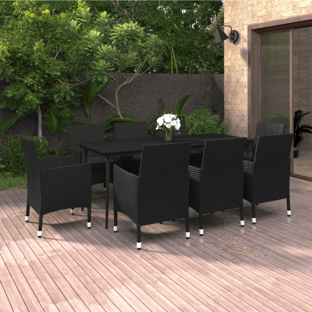 Set da Pranzo per Giardino 9 pz con Cuscini Polyrattan e Vetro