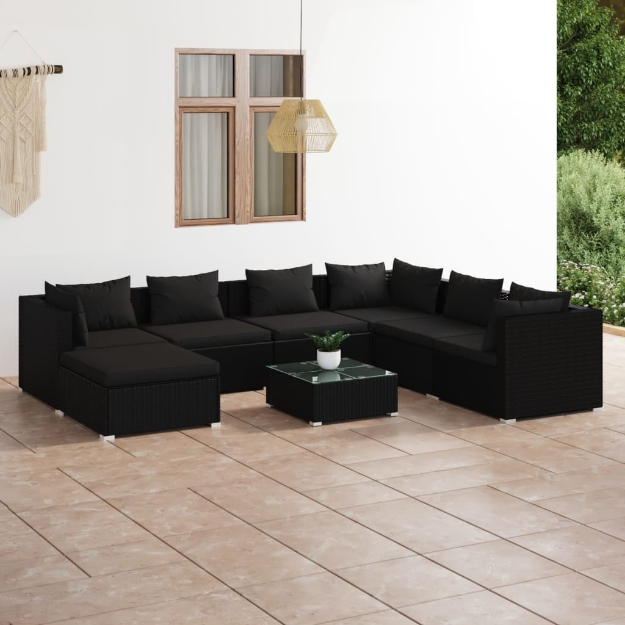 Set Divani da Giardino 8 pz con Cuscini in Polyrattan Nero