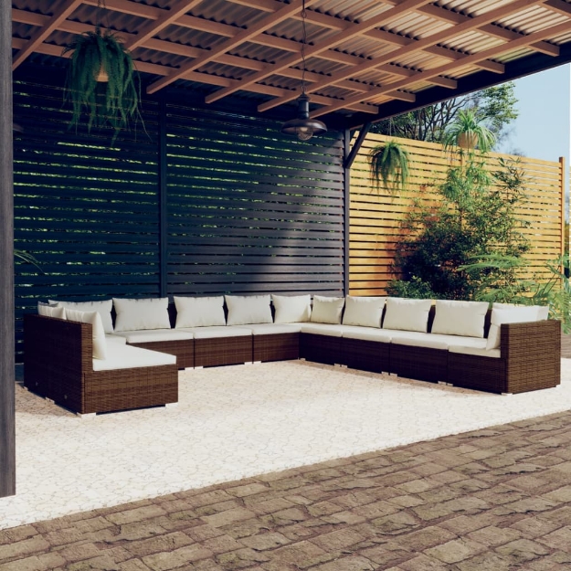 Set Divani da Giardino 11 pz con Cuscini in Polyrattan Marrone