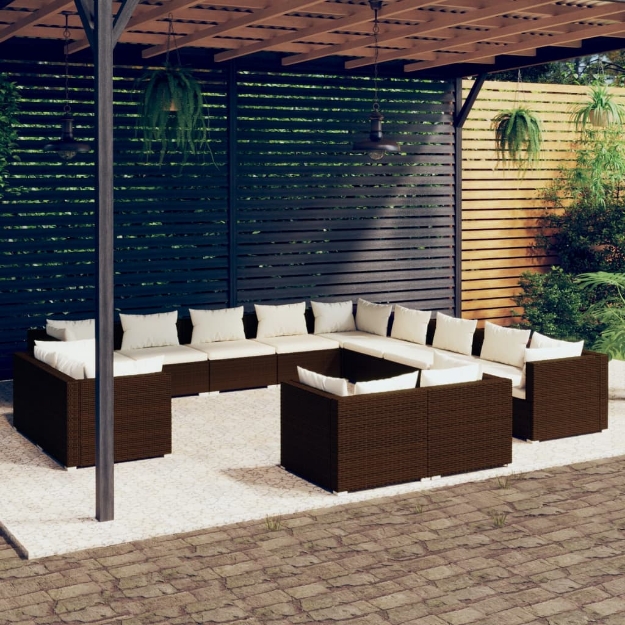 Set Divani da Giardino 13 pz con Cuscini in Polyrattan Marrone