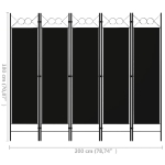 Paravento a 5 Pannelli Nero 200x180 cm