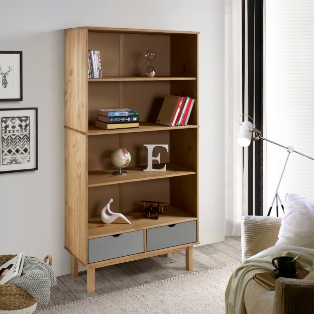 Libreria con 2 Cassetti Marrone e Grigia Legno Massello di Pino