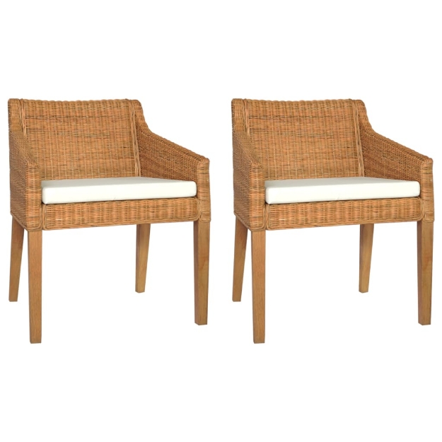 Sedie da Pranzo con Cuscini 2 pz Marrone Chiaro Rattan Naturale