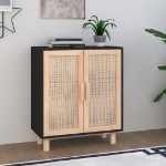 Credenza Nera 60x30x70 cm Legno Massello Pino e Rattan Naturale