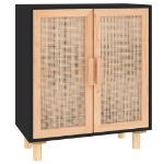 Credenza Nera 60x30x70 cm Legno Massello Pino e Rattan Naturale