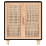 Credenza Nera 60x30x70 cm Legno Massello Pino e Rattan Naturale