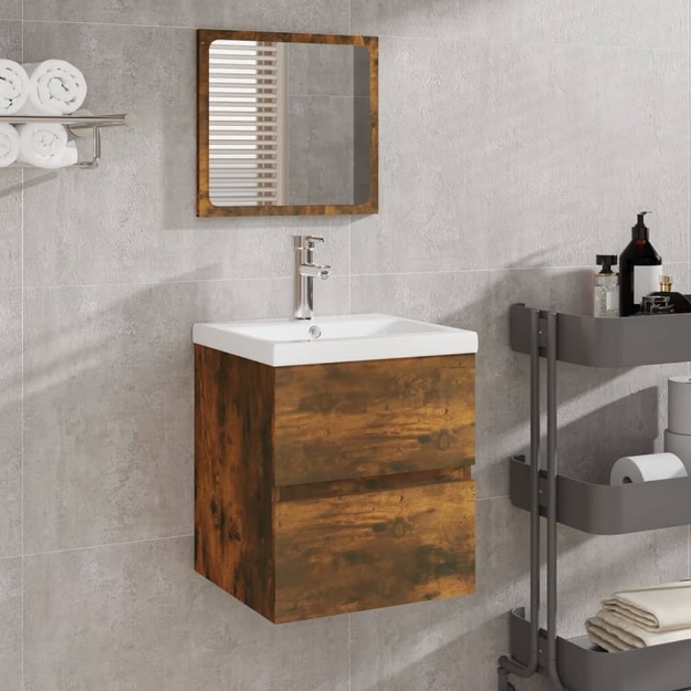 Mobile da Bagno con Specchio Rovere Fumo in Legno Multistrato